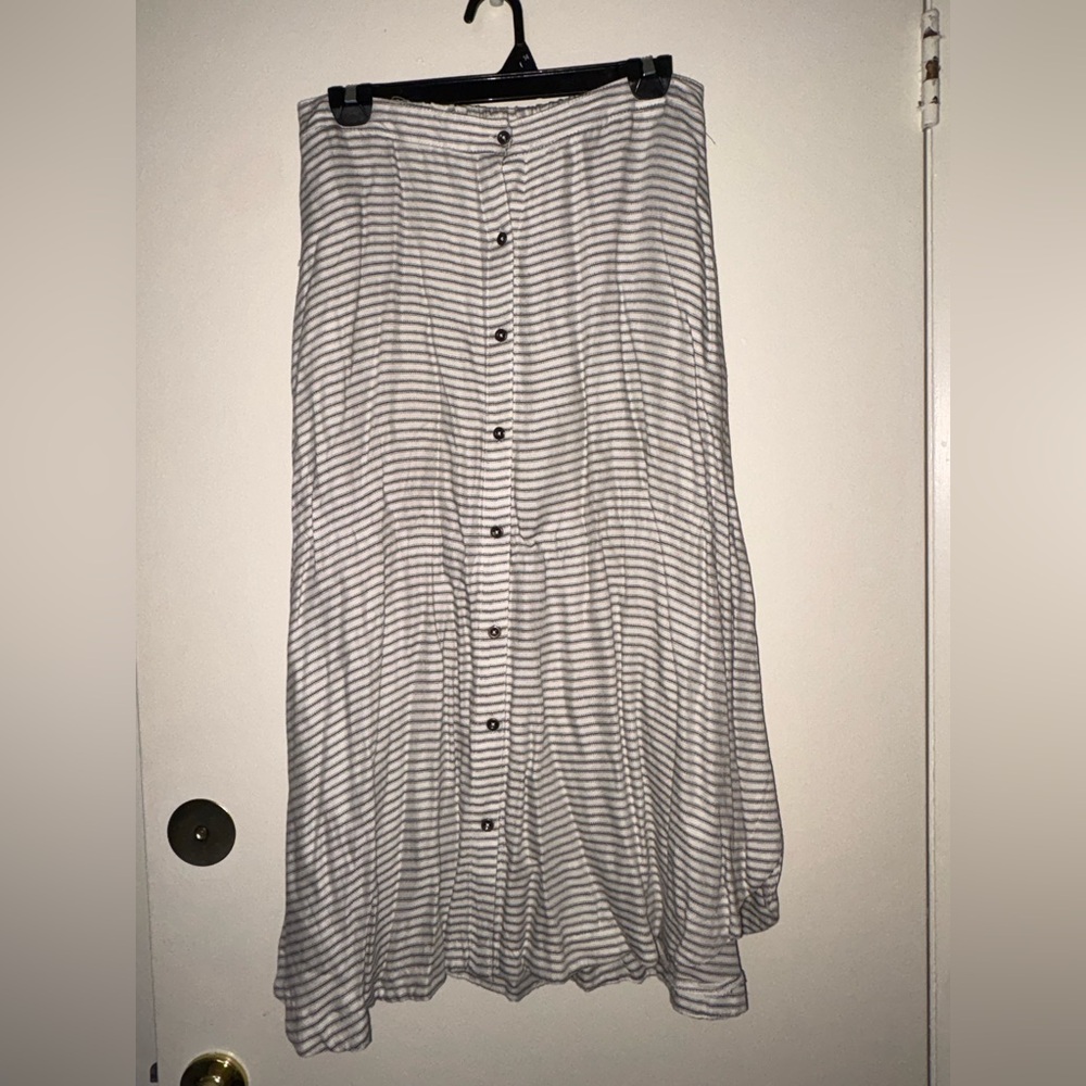 Merona Gray and White Striped Button-Front Midi Skirt